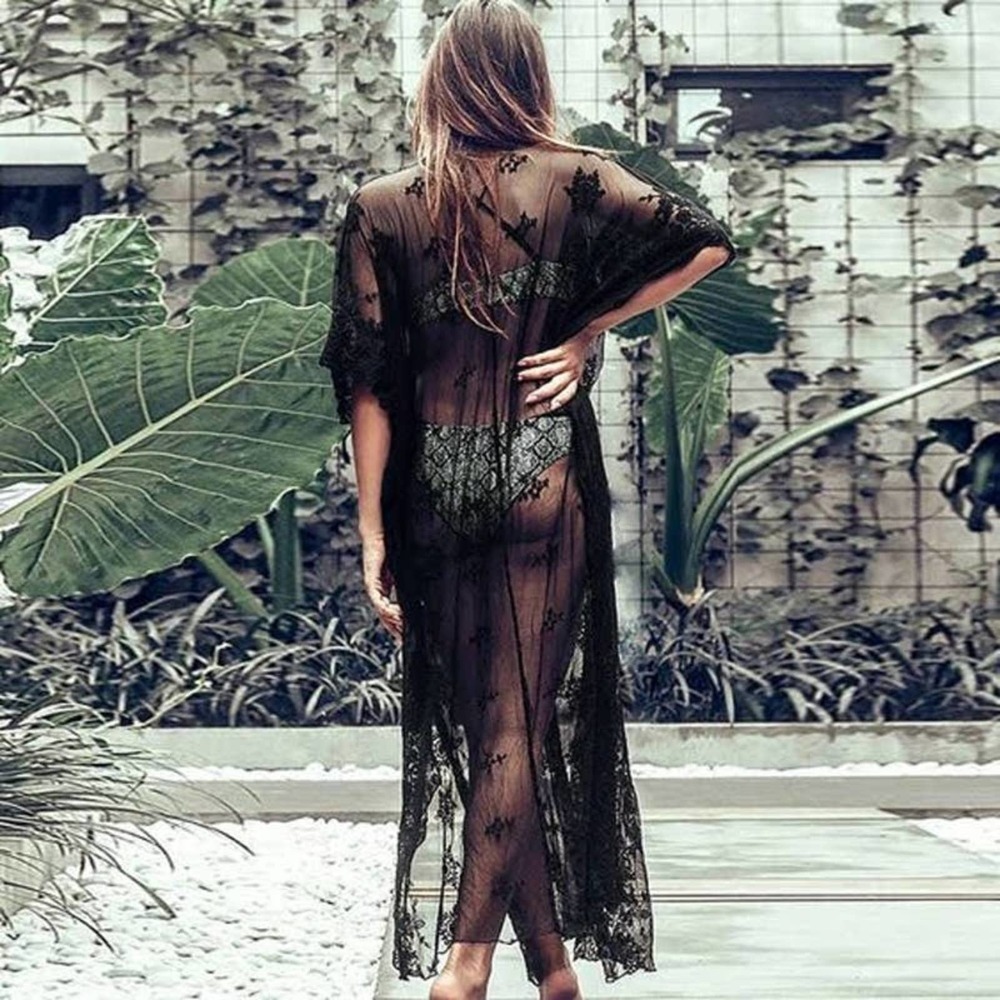 Boho Gypsy Beach Goddess Swim Cover Up Black Maxi Dress Duster Tie Front - Picture 4 of 13